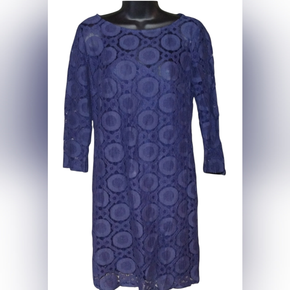 Trina Turk lined blue lace dress size 4, see through lace top